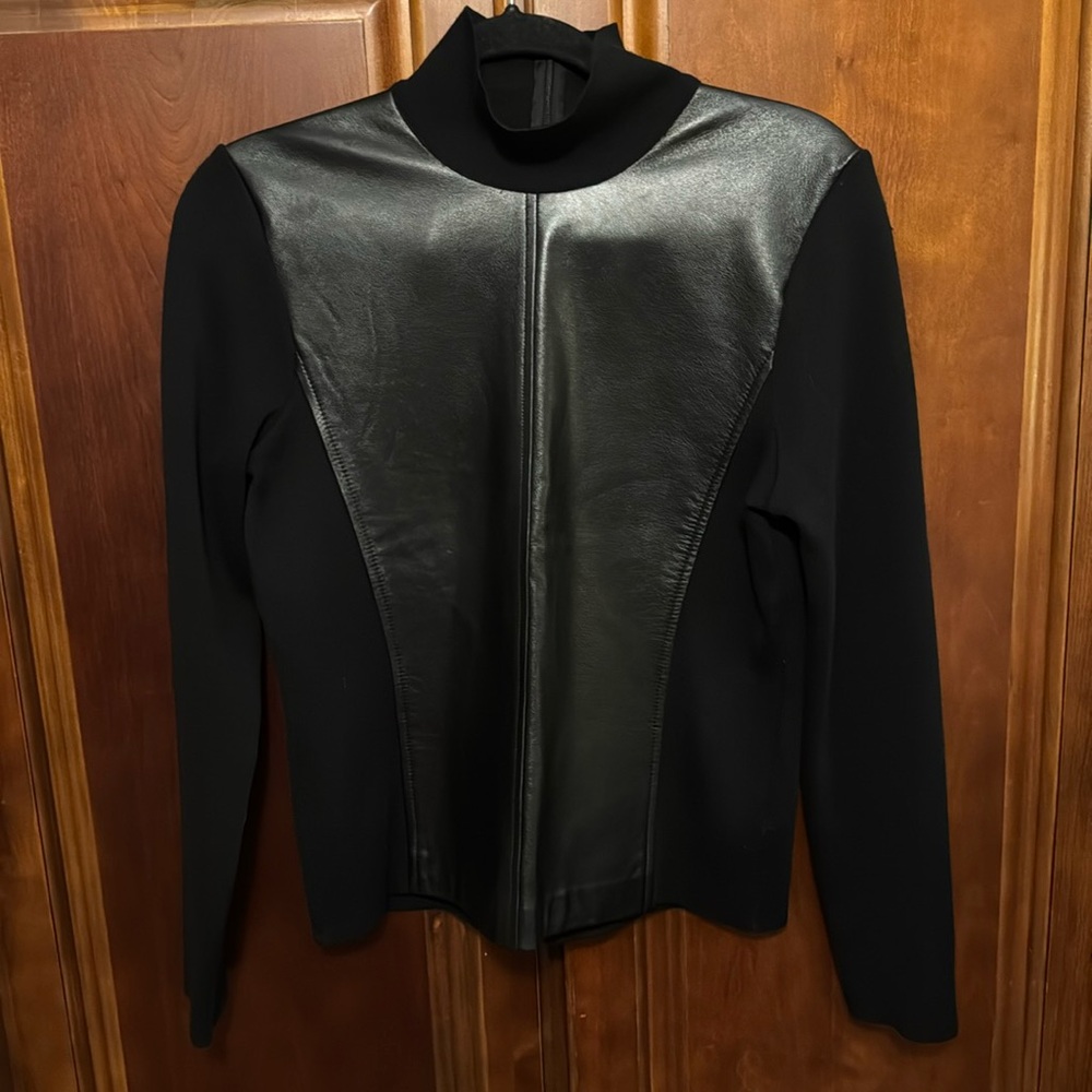 Dana Buchman Leather Front Mock Turtleneck Medium Black Zip back closure.